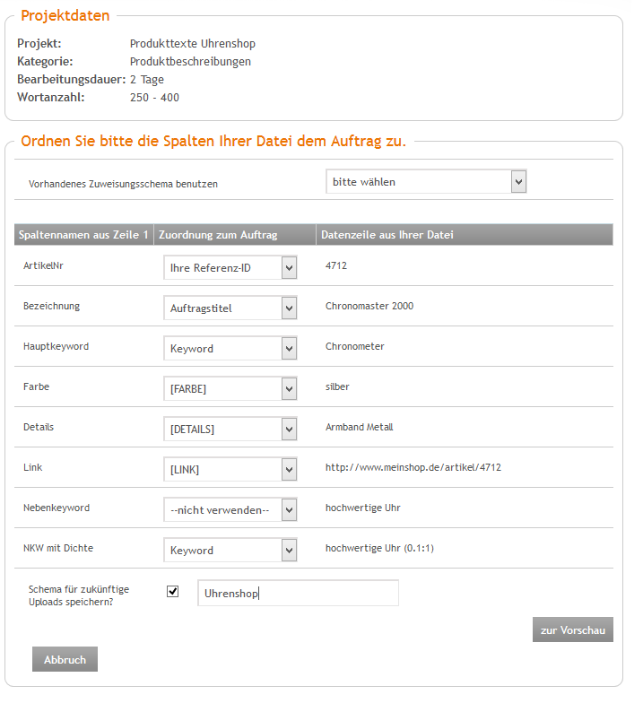 content.de EXCEL Spalten Mapping