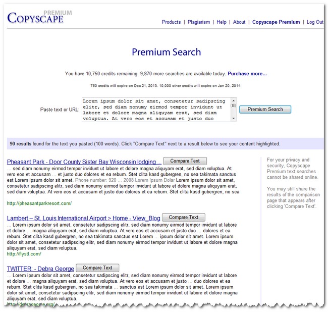 Screenshot CopyScape Screenshot CopyScape