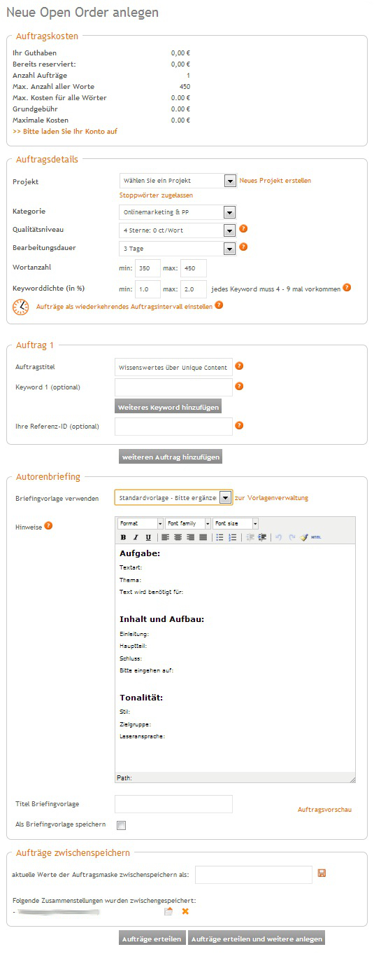 Erstellung eines Textauftrages bei content.de Erstellung eines Textauftrages bei content.de