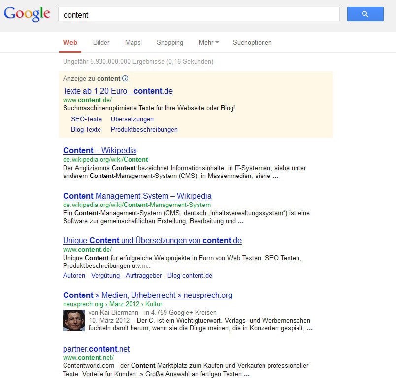 Screenshot einer SERP (Suchbegriff 'Content')