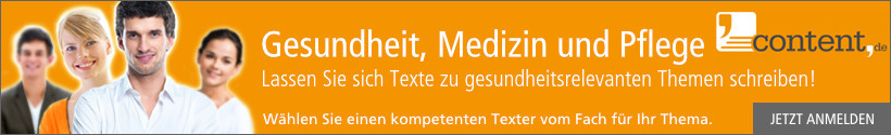 Jetzt bei content.de anmelden und Texte zu den Themen Gesundheit und Pflege schreiben lassen!