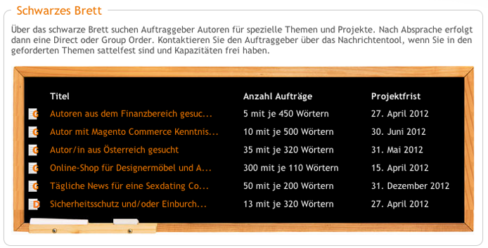 Das Schwarze Brett offeriert Texter Jobs auf content.de
