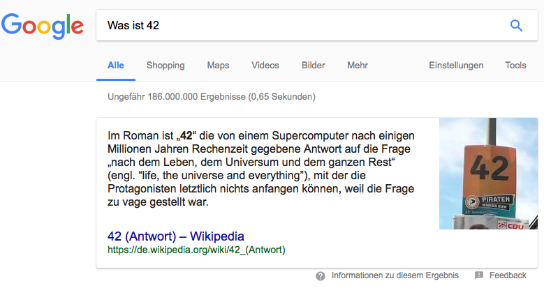 Beispiel der Darstellung einer direct answer in denn SERPs von Google